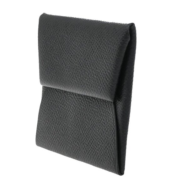 HERMES Logo Bastia Campact Wallet Coin Case Leather Black France 30RF640 - Picture 2 of 11